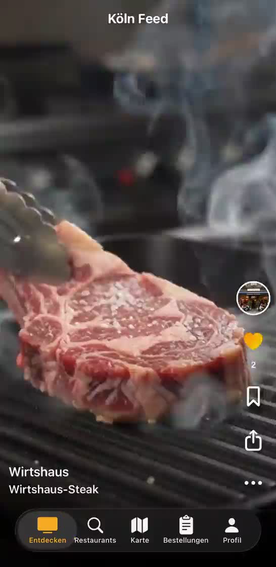 A recording of the feed in the app: each dish fills the whole screen as video, and a swipe moves from the steak to the sushi to the burger. The restaurant's and the dish's name sit in the bottom left, with like, save and share controls down the right edge.